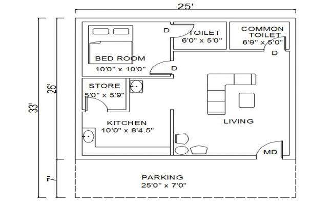 1 BHK Residential Building Plan