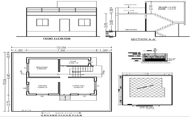 10.06mx10.06m 1 BHK Floor Plan with Elevation DWG Design
