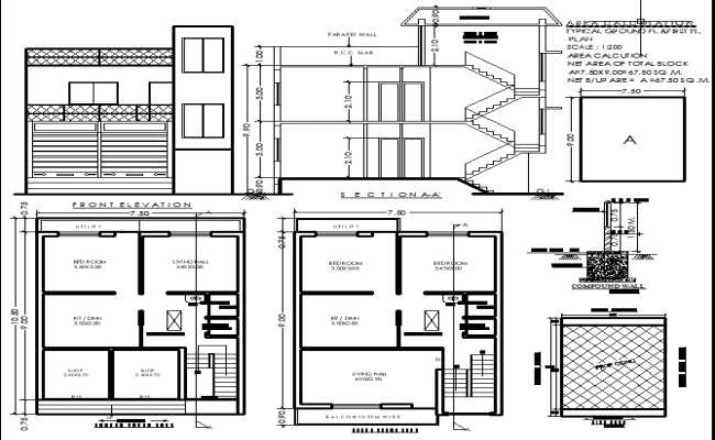 10.50x7.5m Architectural CAD Plan with Shops & Balcony