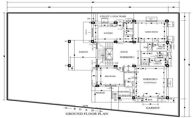 10.68x18.50m 2BHK Ground Floor House Plan in DWG Drawing