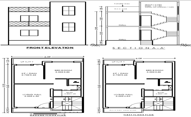 10.75mx6.09m Single Storey House Plan DWG AutoCAD Design