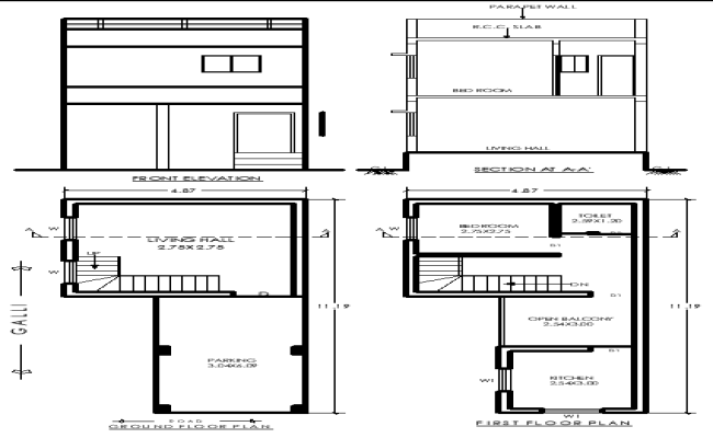 11.19mx4.87m 1BHK Single-Storey House Plan with Layout