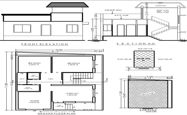 11mx9m 2BHK House Plan DWG with AutoCAD Design Layout