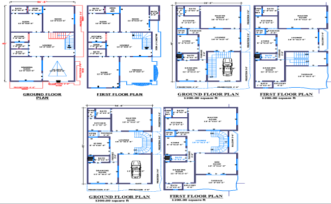 1200 Sq Ft Floor Layouts for 3 Houses in DWG File Format