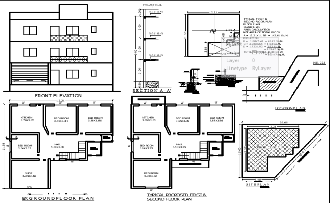 12.21x11.68m G+2 Bungalow DWG Design with Sections
