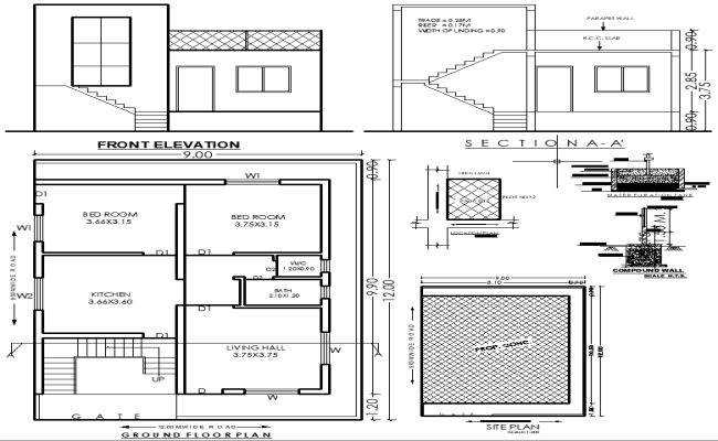 12mx9m 2 BHK Floor Plan with Elevation & DWG Sections