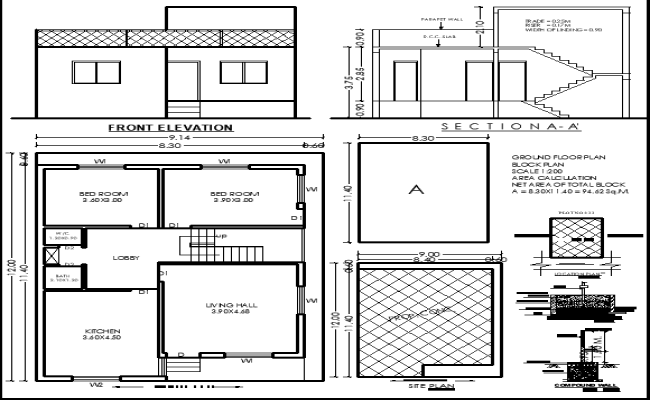 Detailed 2BHK House Layout with Elevation in CAD Drawing