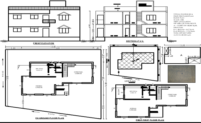 13.5x7.59m G+1 1BHK House Plan with Elevation & Section