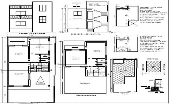 13.84x6.41m Architectural Plan with Elevation & Sections