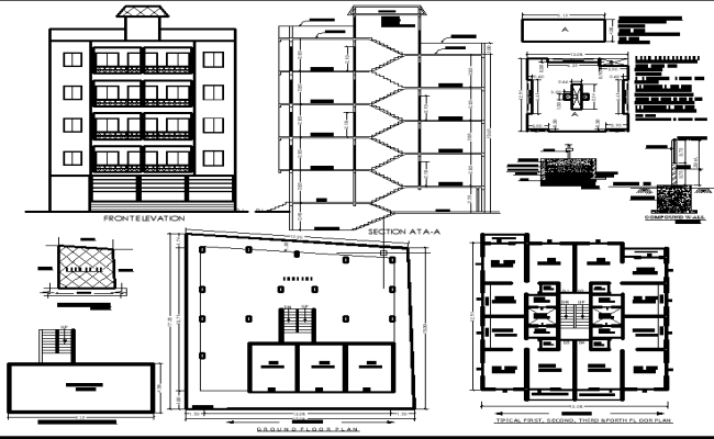 17.25x15.08m Multi-Story Apartment of 1BHK Plan with Elevation and Sections