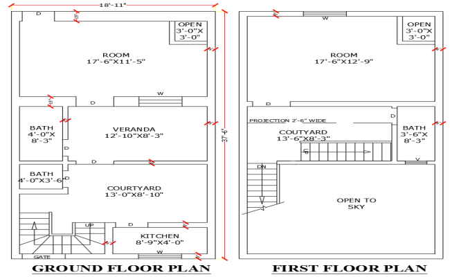18x37 Feet 2BHK House Plan with Floor Layout DWG File