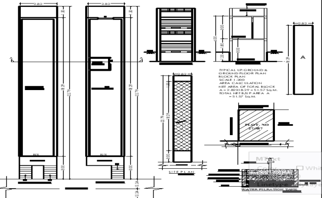 18.29x2.82m Godown & Shop Architectural CAD Plan with Elevation and section