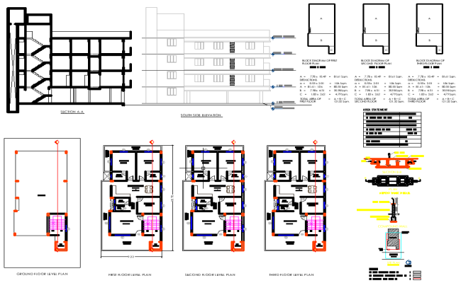 18.7x9.22m Multi-Story 3BHK Apartment CAD Plan DWG
