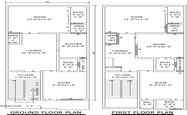 18x40 Feet 5BHK Floor Plan for Two Level House Design