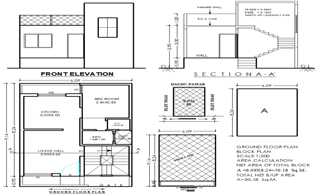 1BHK House Plan 9.14mx6.09m DWG with Elevation & Section