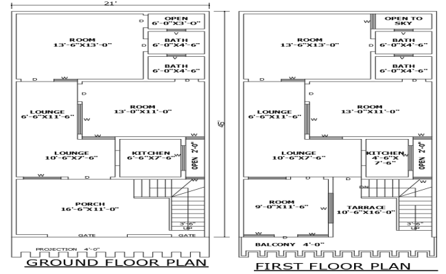 21ftx45ft 5BHK Ground First Floor Plan in DWG Drawing