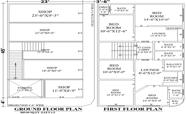 23x45 Mixed-Use Building DWG Plan with Shops and Residence