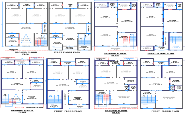 24'x40' House Floor Plans with 4 Layouts for Two Levels