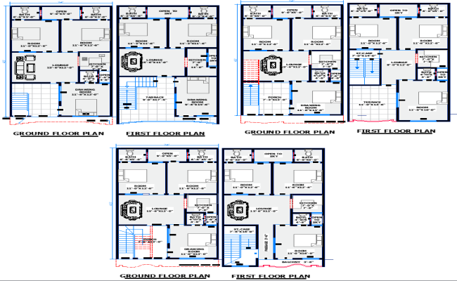 24'x45' Residential Floor Plans with Ground and First Floors