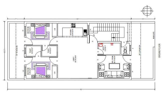 AutoCAD Drawing of 25x62 Feet South Facing House Ground Plans