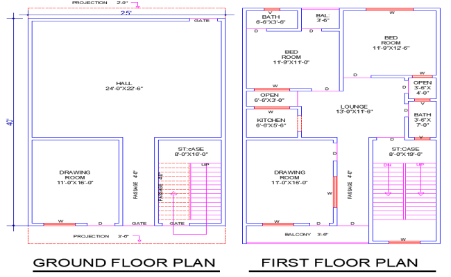 25'x40' House Plan DWG with 2 Bedrooms, 3 Living Rooms