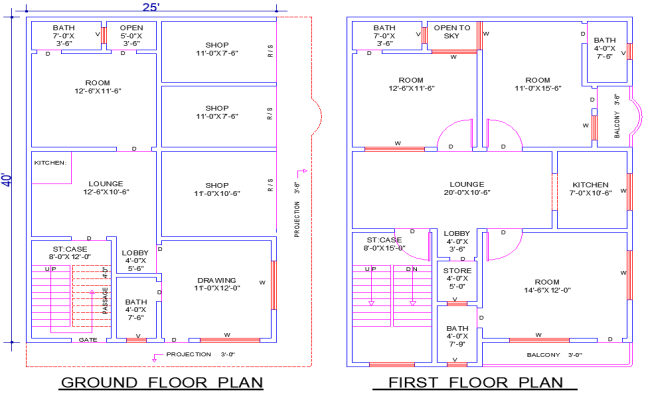25' x 40' House Plan DWG with 4 Bedrooms - 2 Living Rooms & Shops