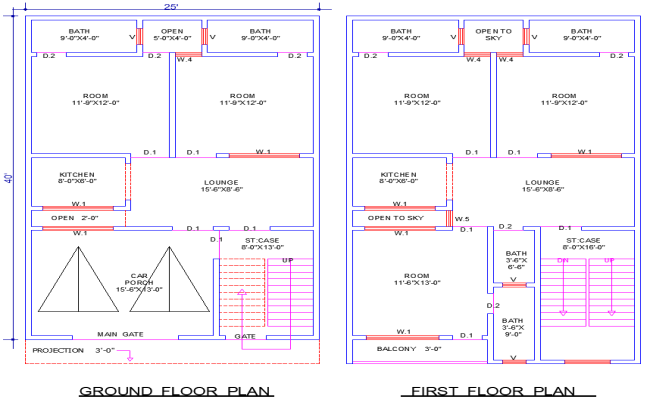 25'x40' House Plan DWG with 5 Bedrooms and 2 Drawing Rooms