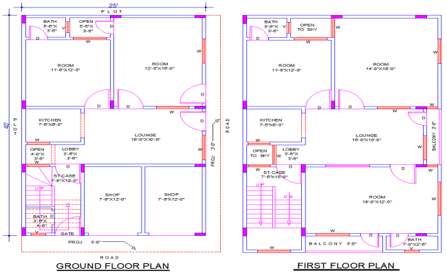 25'x40' House Plan DWG with 5 Bedrooms, Shops & Lounges