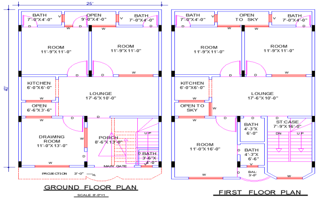 25'x40' House Plan DWG with 5 Bedrooms and 3 Living Rooms