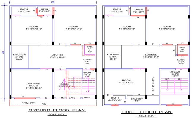 25'x40' House Plan DWG with 5 Bedrooms and 3 TV Lounges
