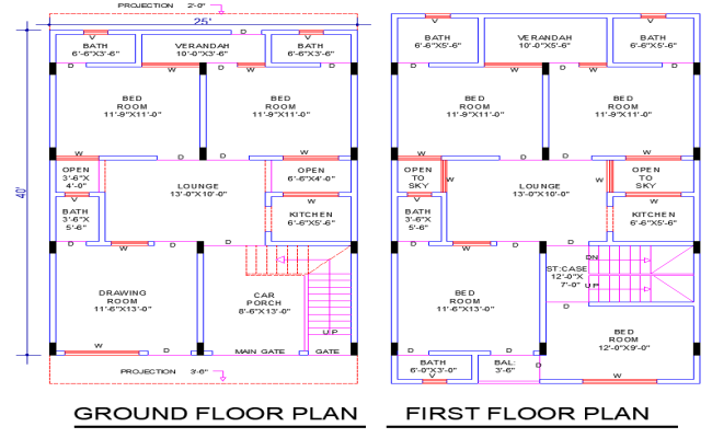 25'x40' House Plan DWG with 6 Bedrooms and 3 Living Rooms