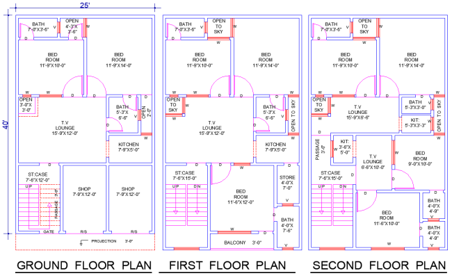 25'x40' House Plan DWG with 9 Bedrooms, Lounges & Shops