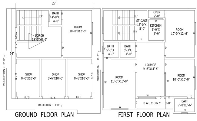 27ft x 24ft Ground Floor Shop Plan & First Floor House Plan Design – AutoCAD DWG File