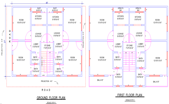 27'x40' 8 Bedroom House Plan DWG with Lounges and Extras