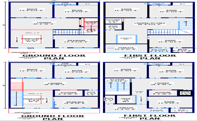 27x40 House Floor Plan with Rooms, Kitchen & Stair Detail