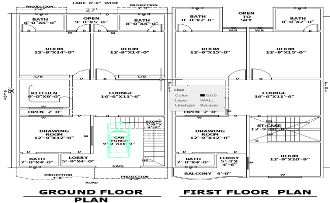 27'x50' Home Architectural Plan with AutoCAD DWG Layout