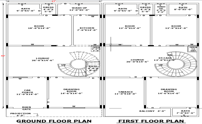 27'x50' House Plan with Complete DWG Layout Design