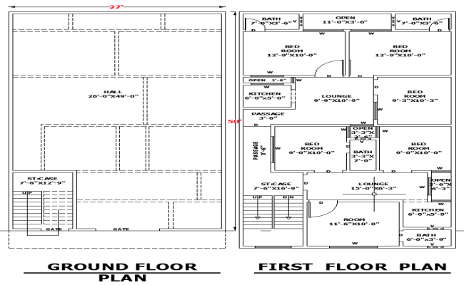 27'x50' Residential House Layout Plan in AutoCAD DWG File