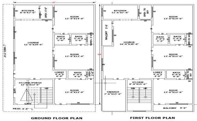 27'x50' Residential House Layout with AutoCAD DWG Plan