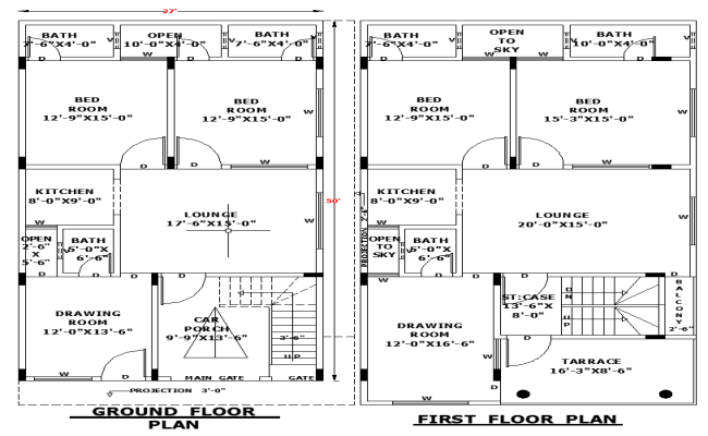 27'x50' Residential House Layout Plan in DWG Format