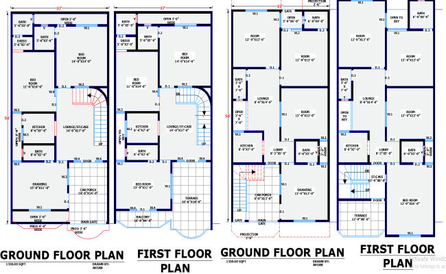 Two Different Residential House Plans for 27'x50' Plot DWG File