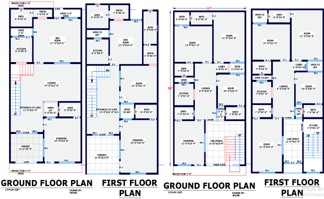 Two Residential House Plans for 27x50 Plot in DWG Format
