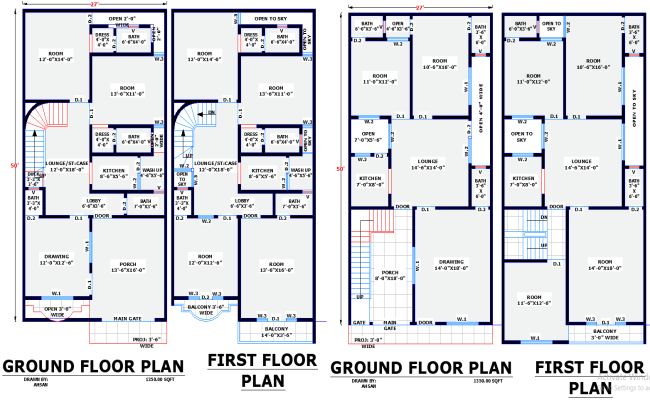 Two Unique Residential House Plans for 27x50 Plot DWG File