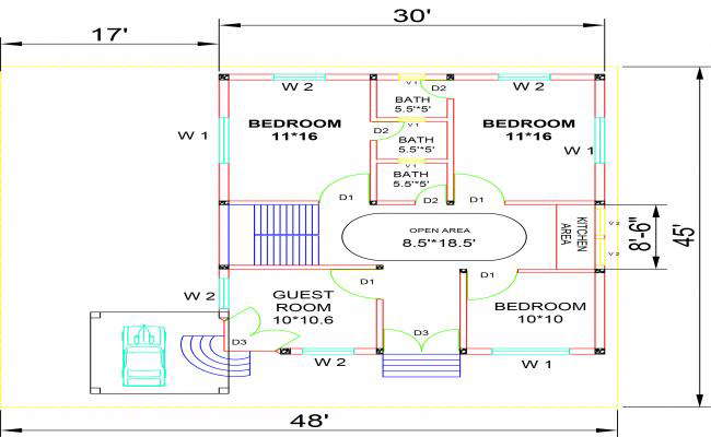 2d house plan plot size 48'x45'