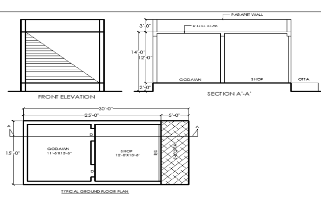 30'x15' Godown and Shop AutoCAD Plan with Elevation