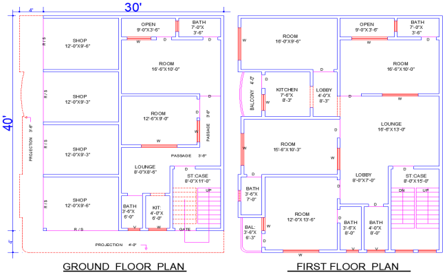 30'x40' House Layout DWG with 6 Bedrooms, Shops & Balconies