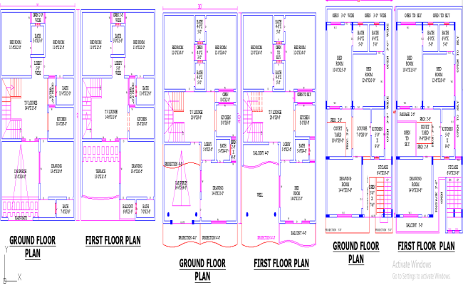 30x40 House Plan with 3 Distinct Unit Layouts in CAD File