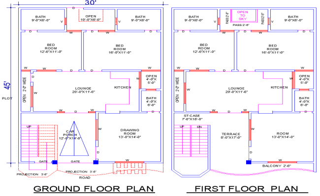 30'x45' Residential House Plan with 5 Bedrooms and Parking