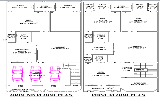 30'x60' Single Storey House Plan in DWG for AutoCAD Format