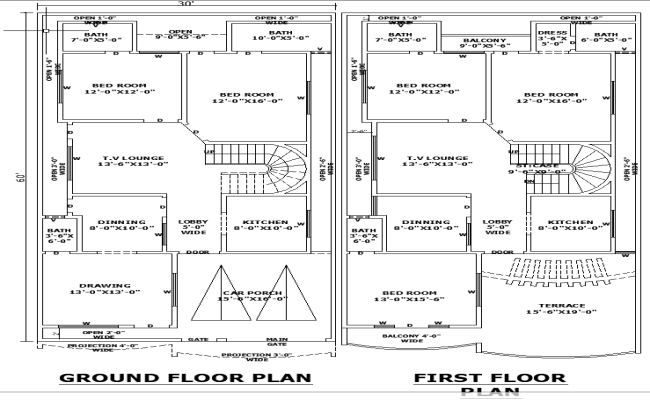 30'x60' Architectural Residence Plan with DWG Drawing